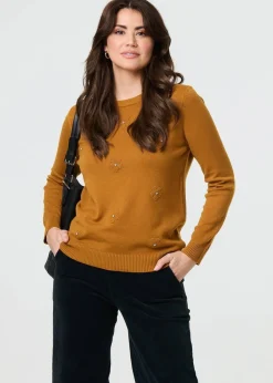 Tops>Izabel London Mustard Floral Gemstone Embellished Jumper