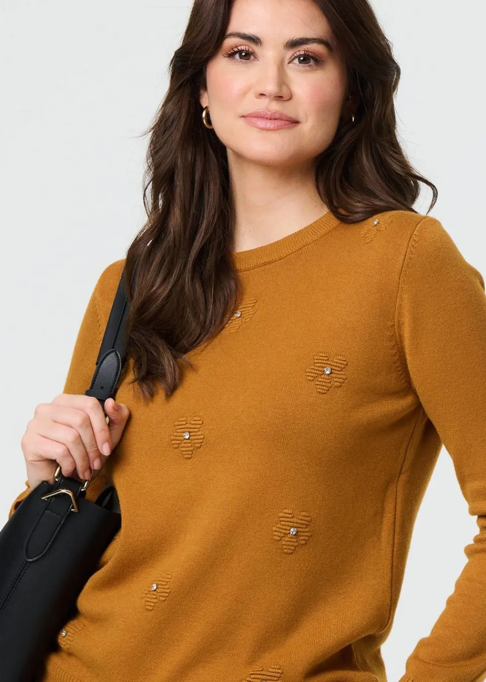 Tops>Izabel London Mustard Floral Gemstone Embellished Jumper