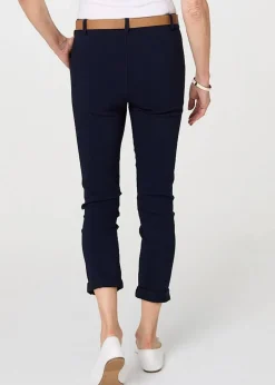 Trousers>Izabel London Navy Belt Detail Slim Fit Cropped Trousers