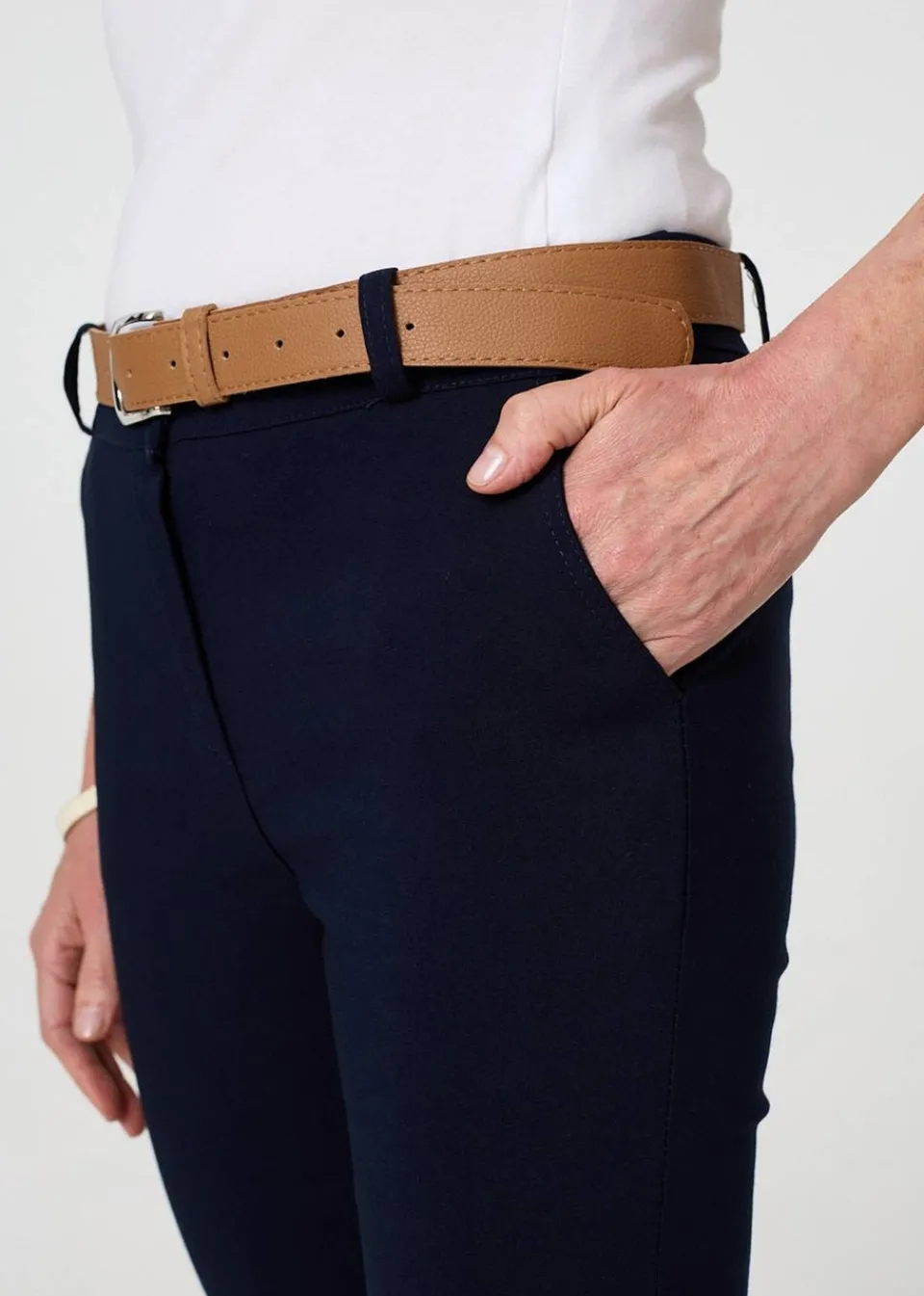 Trousers>Izabel London Navy Belt Detail Slim Fit Cropped Trousers