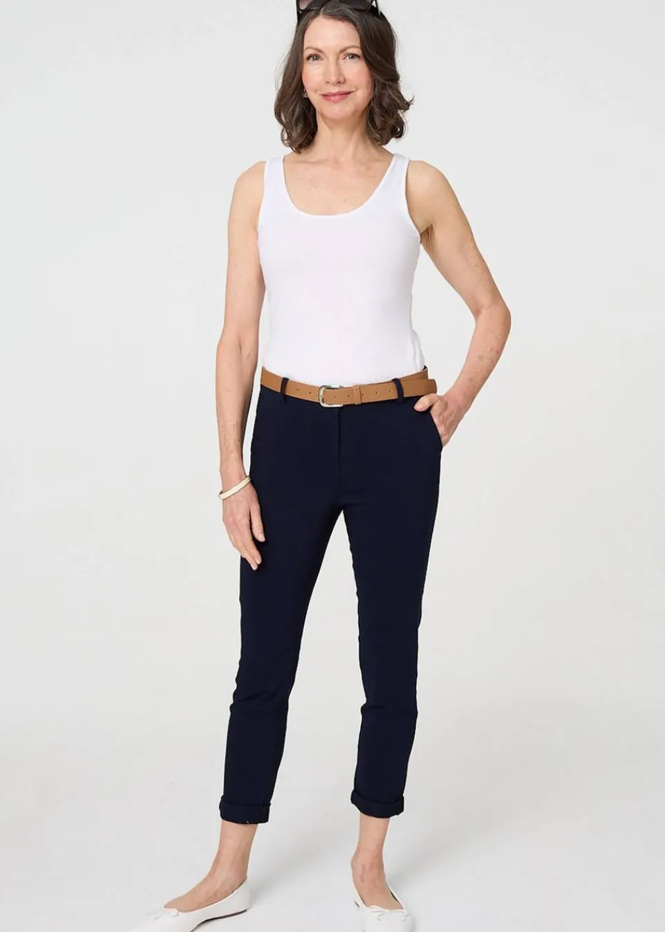 Trousers>Izabel London Navy Belt Detail Slim Fit Cropped Trousers