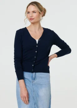 Tops>Izabel London Navy Cropped Button Up Slim Knit Cardigan