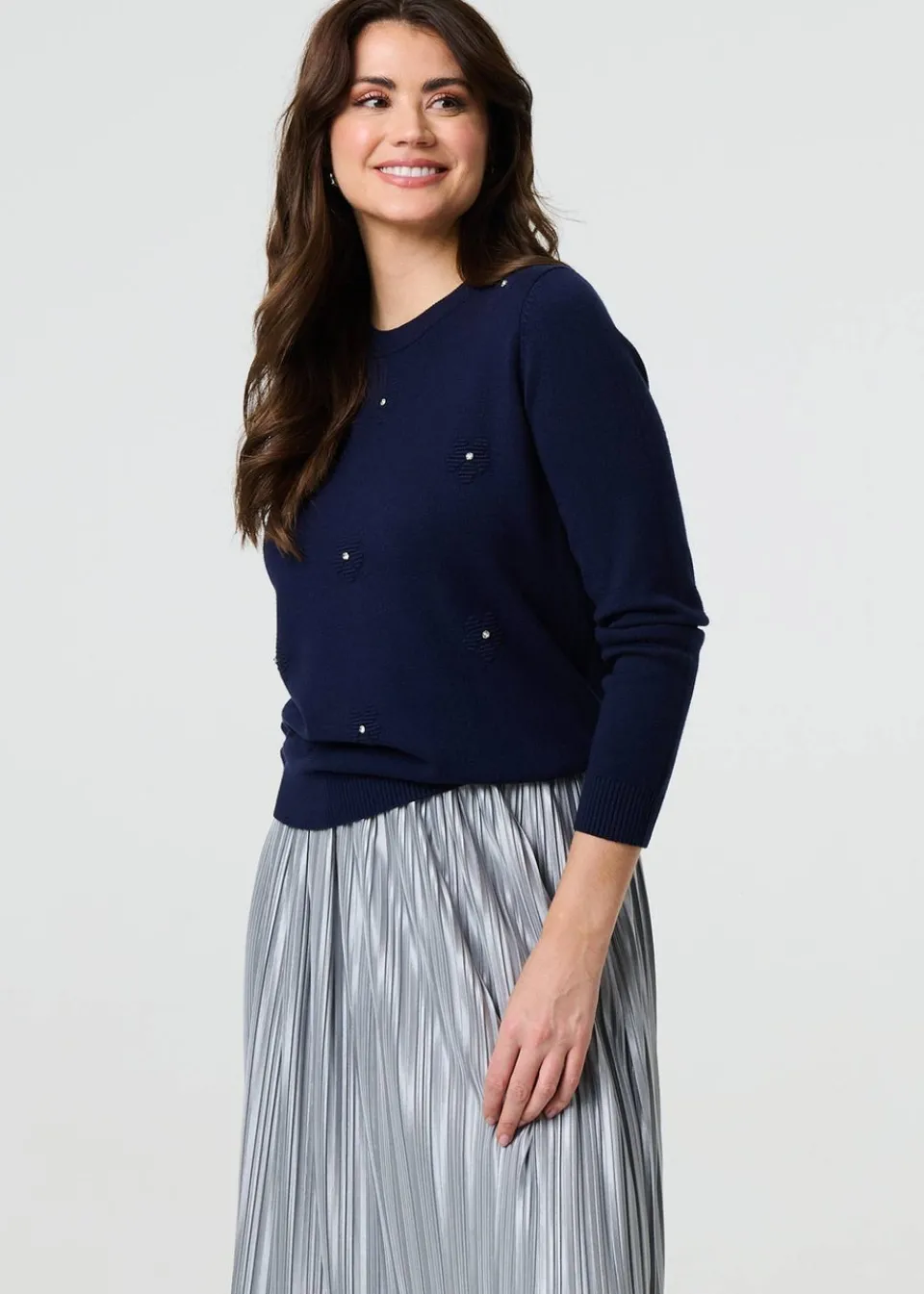 Tops>Izabel London Navy Floral Gemstone Embellished Jumper