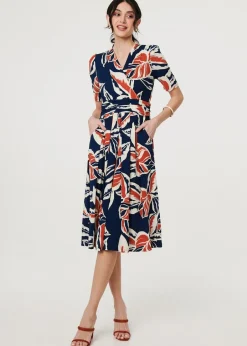 Dresses>Izabel London Navy Floral V-Neck Pleated Midi Wrap Dress