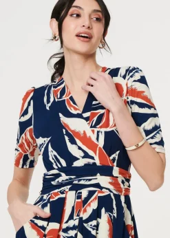 Dresses>Izabel London Navy Floral V-Neck Pleated Midi Wrap Dress