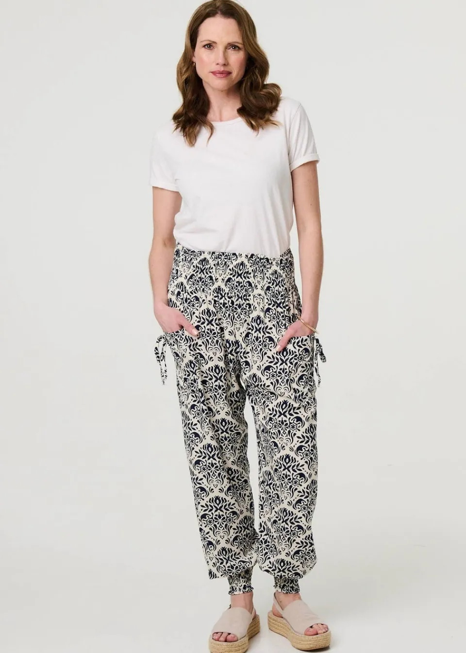 Trousers>Izabel London Navy Ikat Print High Waist Tapered Harem Pants
