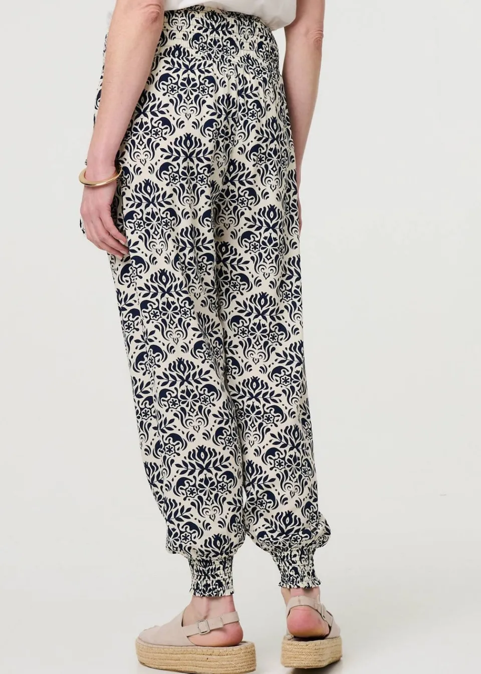 Trousers>Izabel London Navy Ikat Print High Waist Tapered Harem Pants