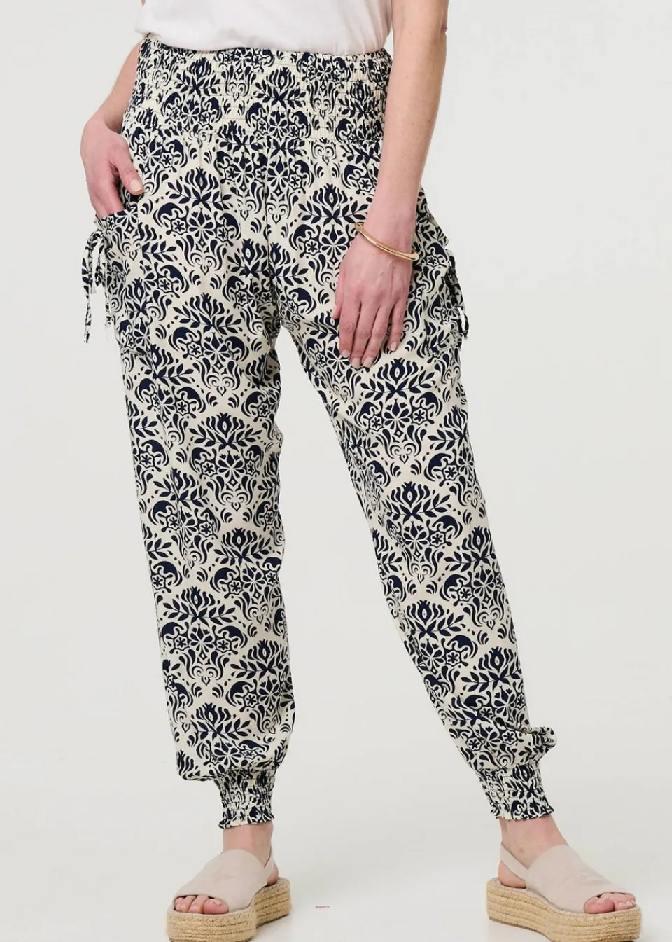 Trousers>Izabel London Navy Ikat Print High Waist Tapered Harem Pants