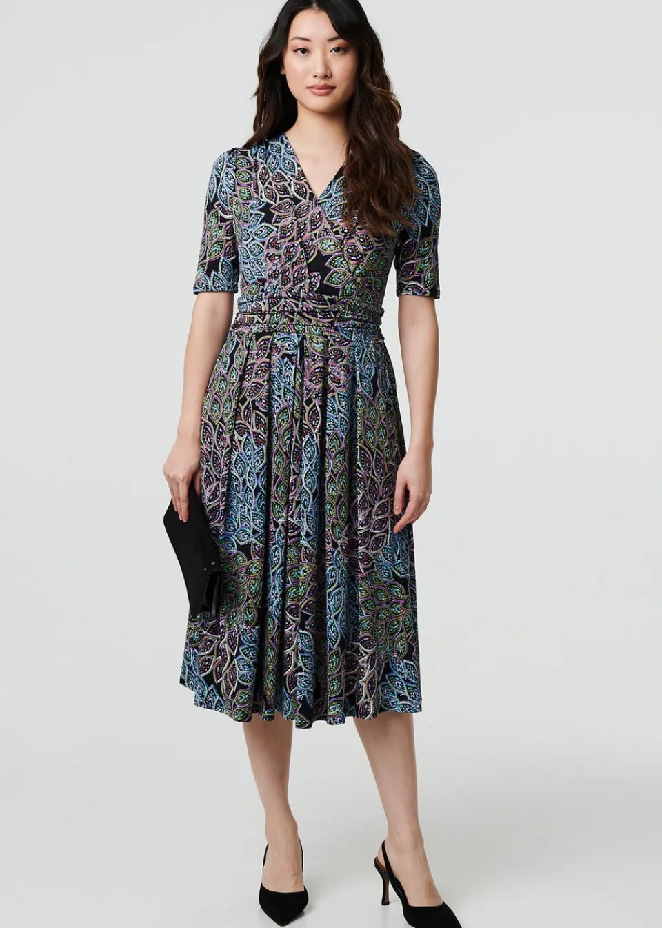 Dresses>Izabel London Navy Leaf Print Faux Wrap Midi Dress