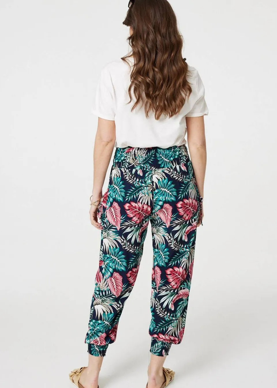 Trousers>Izabel London Navy Leaf Print Harem Pants with Pockets