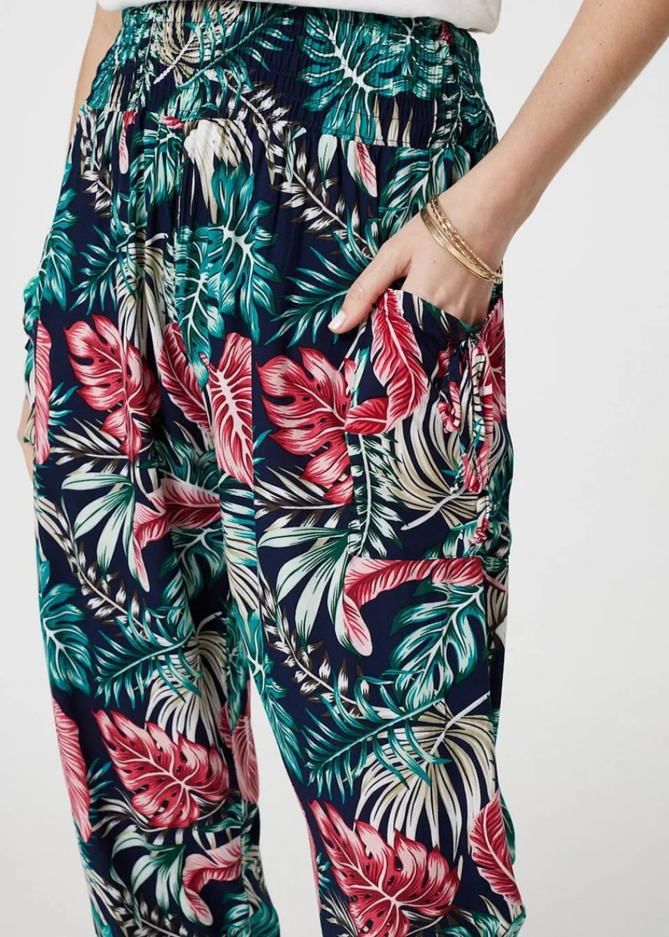 Trousers>Izabel London Navy Leaf Print Harem Pants with Pockets
