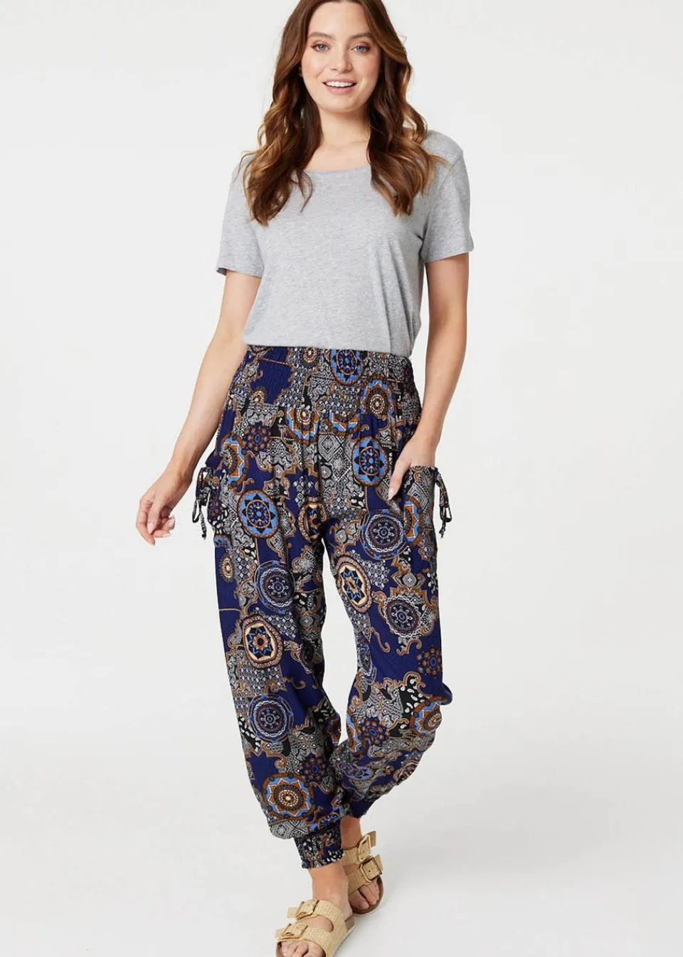 Trousers>Izabel London Navy Mosaic Print Pocket Detail Pants