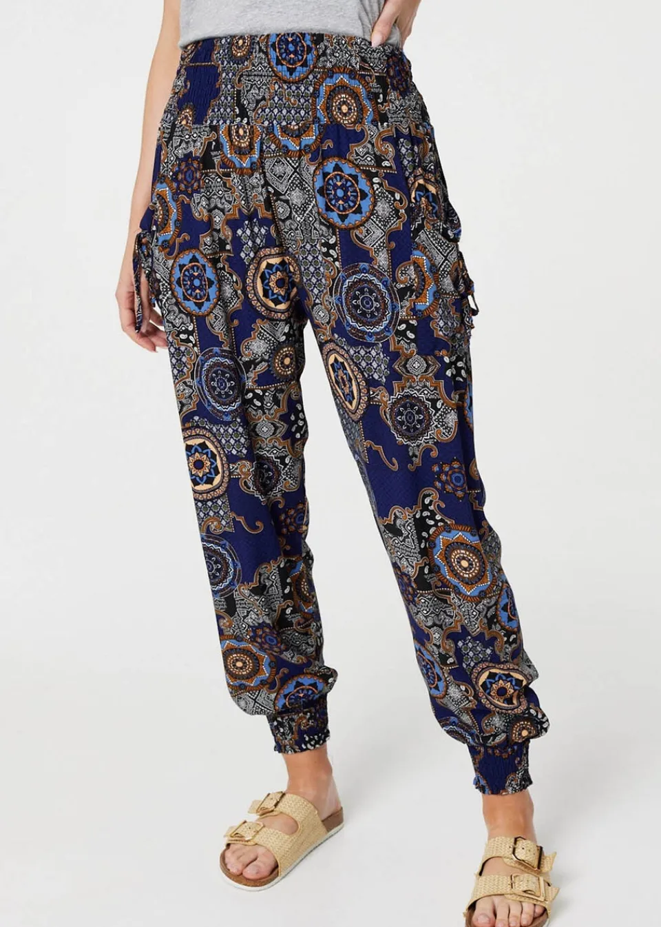 Trousers>Izabel London Navy Mosaic Print Pocket Detail Pants