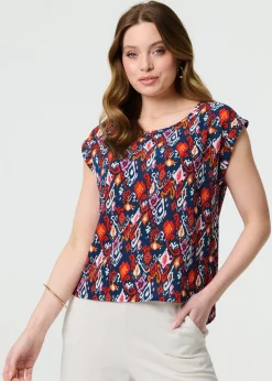 Tops>Izabel London Navy Printed Relaxed Cap Sleeve Shell Top