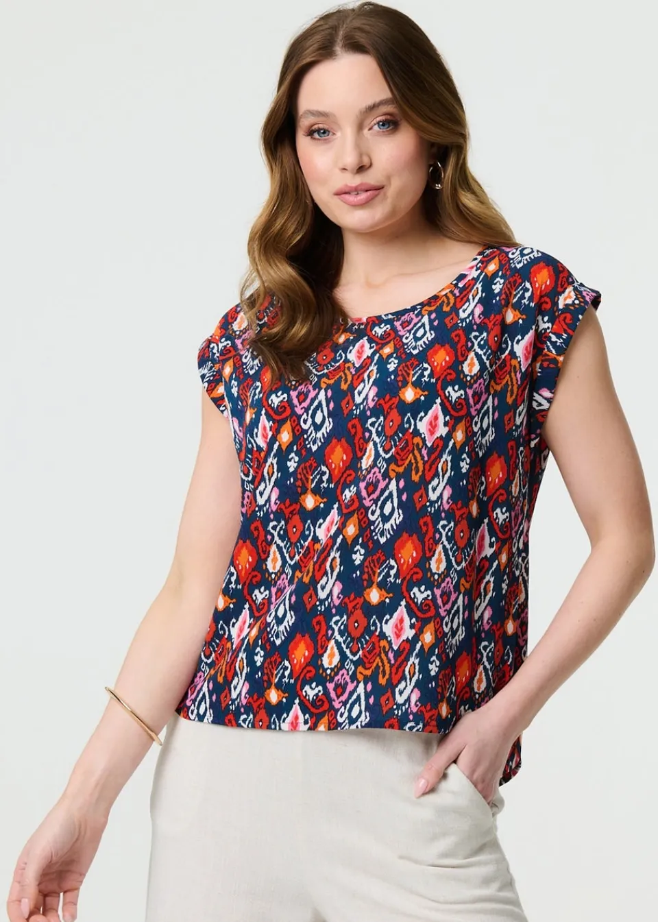 Tops>Izabel London Navy Printed Relaxed Cap Sleeve Shell Top