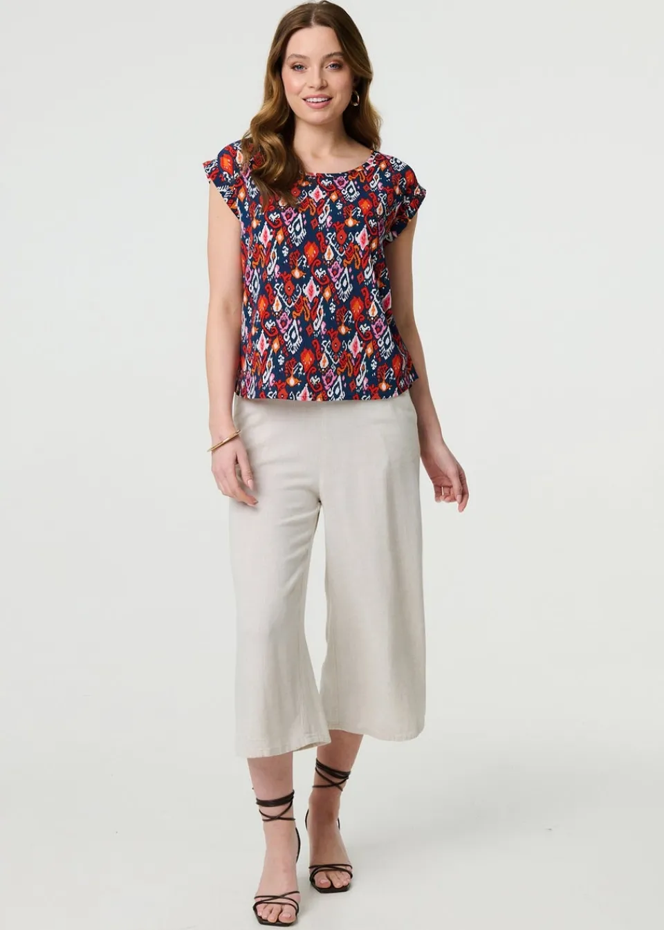 Tops>Izabel London Navy Printed Relaxed Cap Sleeve Shell Top