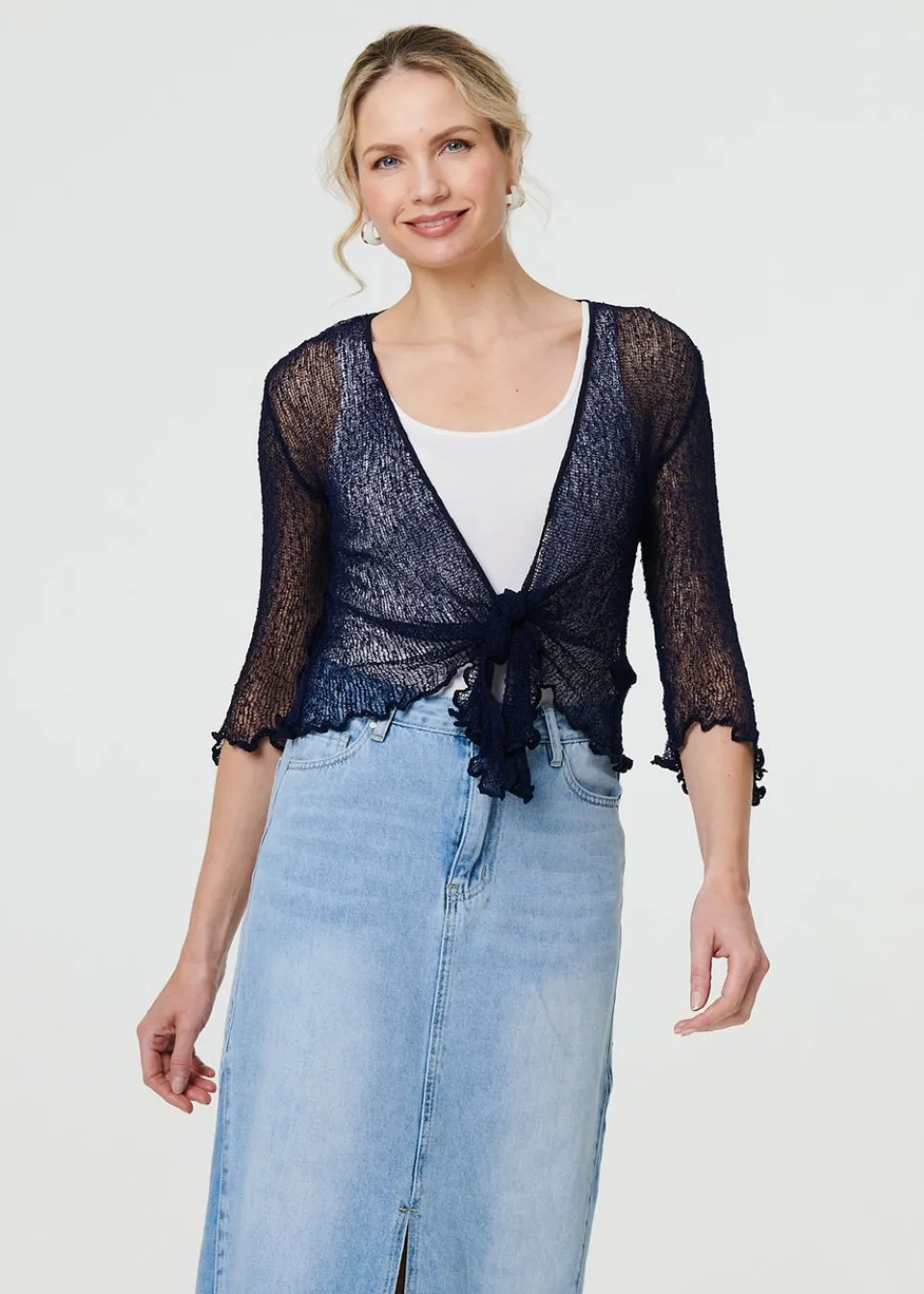 Tops>Izabel London Navy Sheer 3/4 Sleeve Open Front Cardigan
