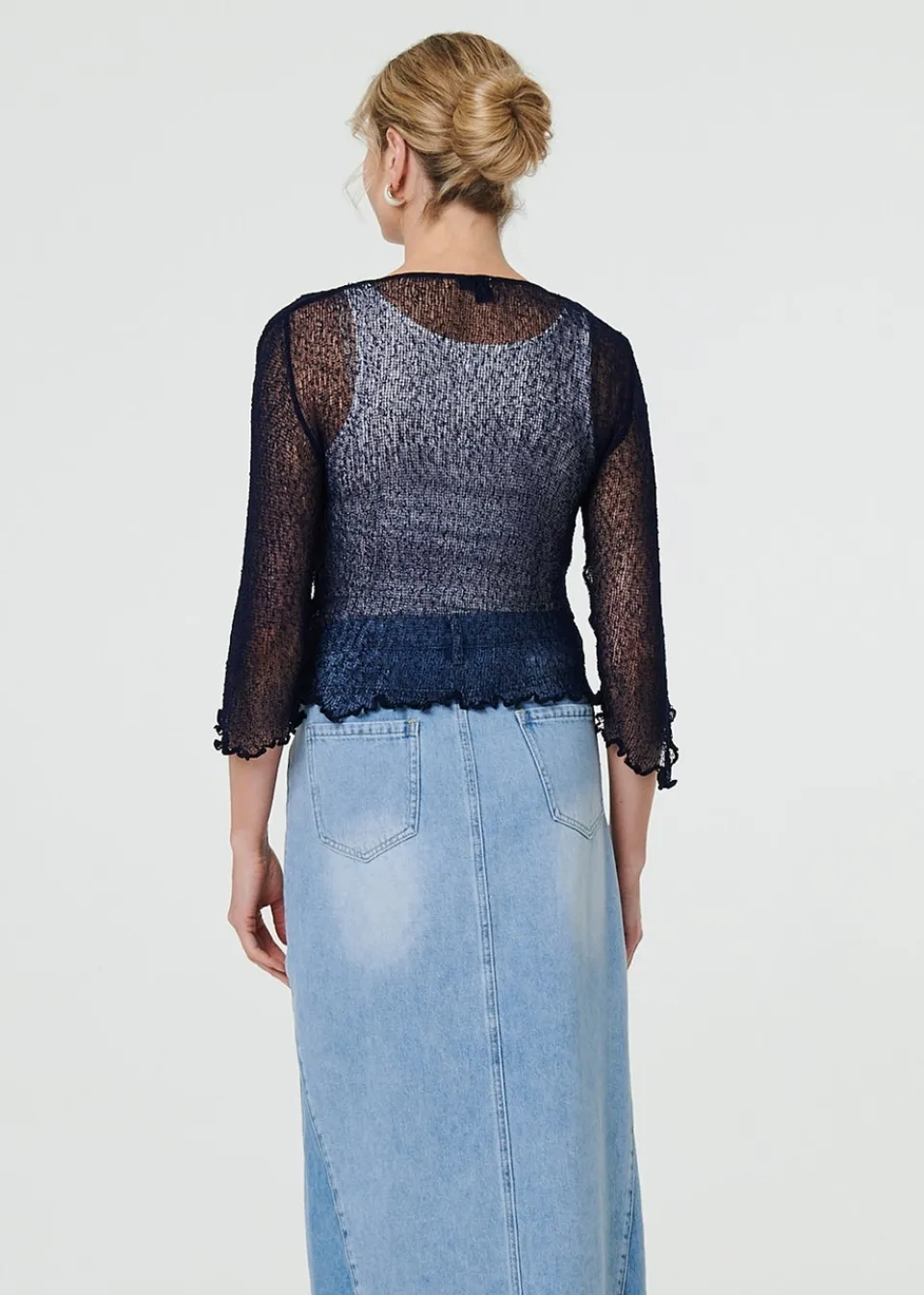 Tops>Izabel London Navy Sheer 3/4 Sleeve Open Front Cardigan