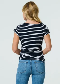 T-Shirts>Izabel London Navy Striped Asymmetric Short Sleeve Top