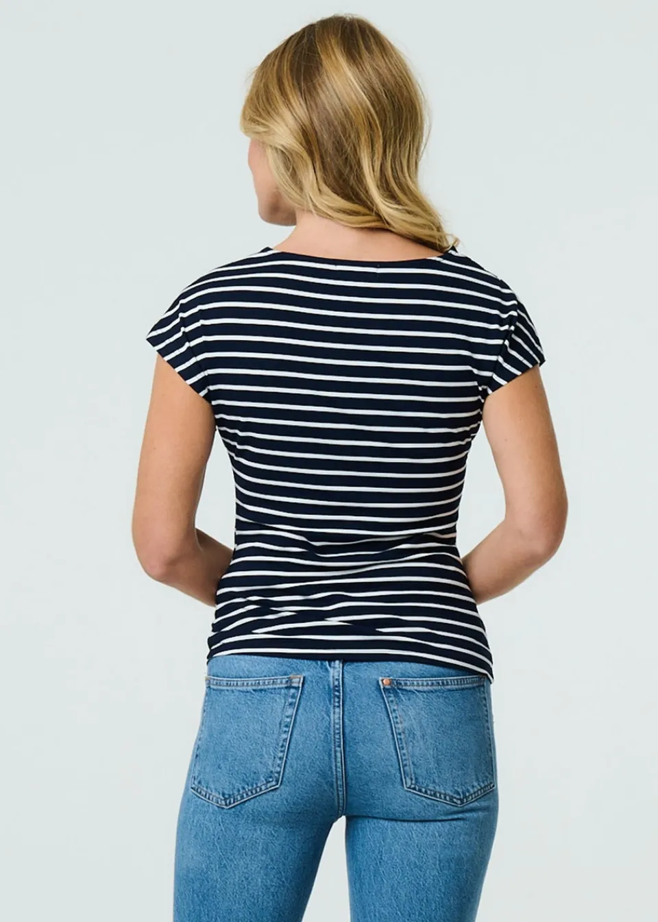 T-Shirts>Izabel London Navy Striped Asymmetric Short Sleeve Top