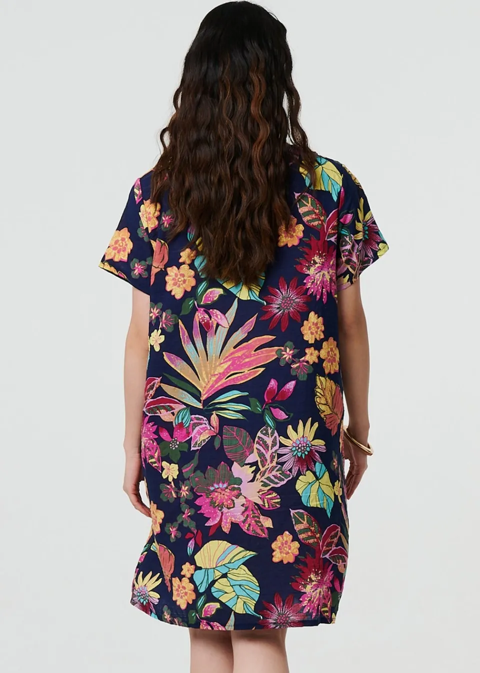 Dresses>Izabel London Navy Tropical Print Knee Length Shift Dress