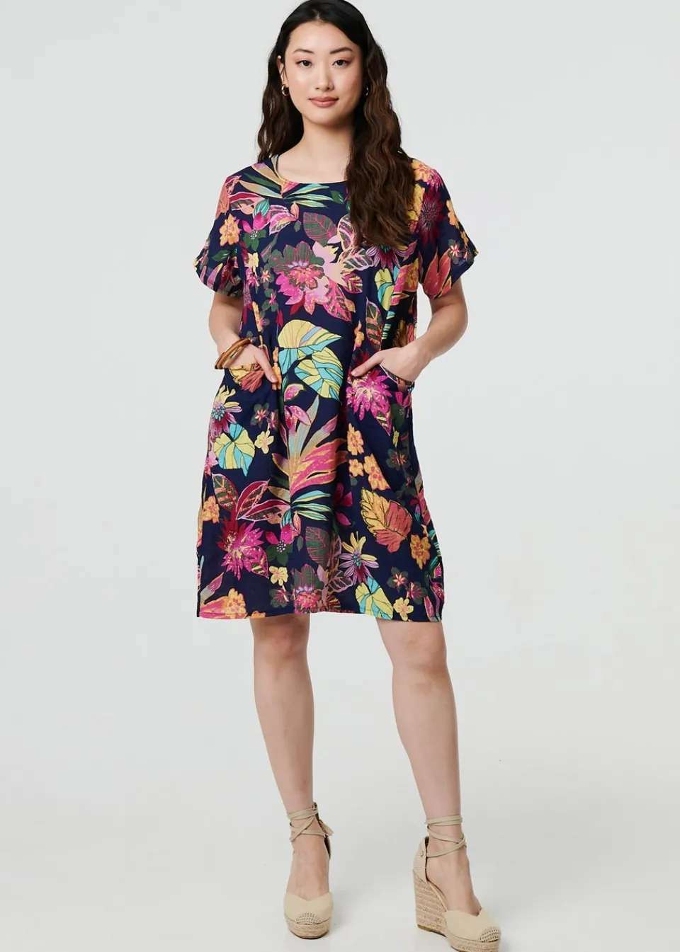 Dresses>Izabel London Navy Tropical Print Knee Length Shift Dress