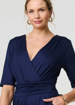 Jumpsuits & Playsuits>Izabel London Navy Wrap Waist Wide Leg Jumpsuit