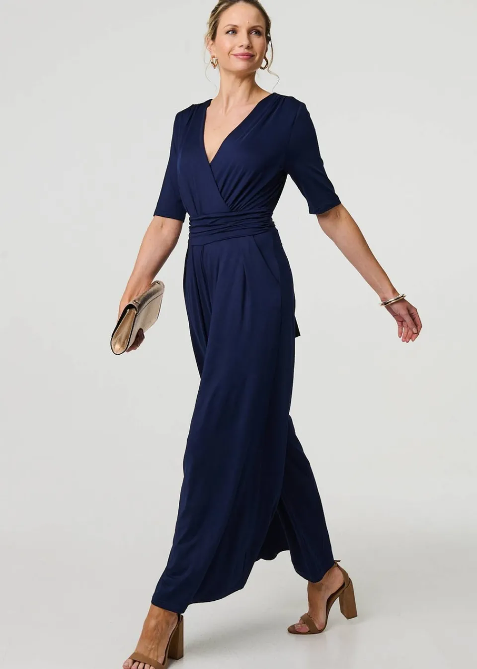 Jumpsuits & Playsuits>Izabel London Navy Wrap Waist Wide Leg Jumpsuit