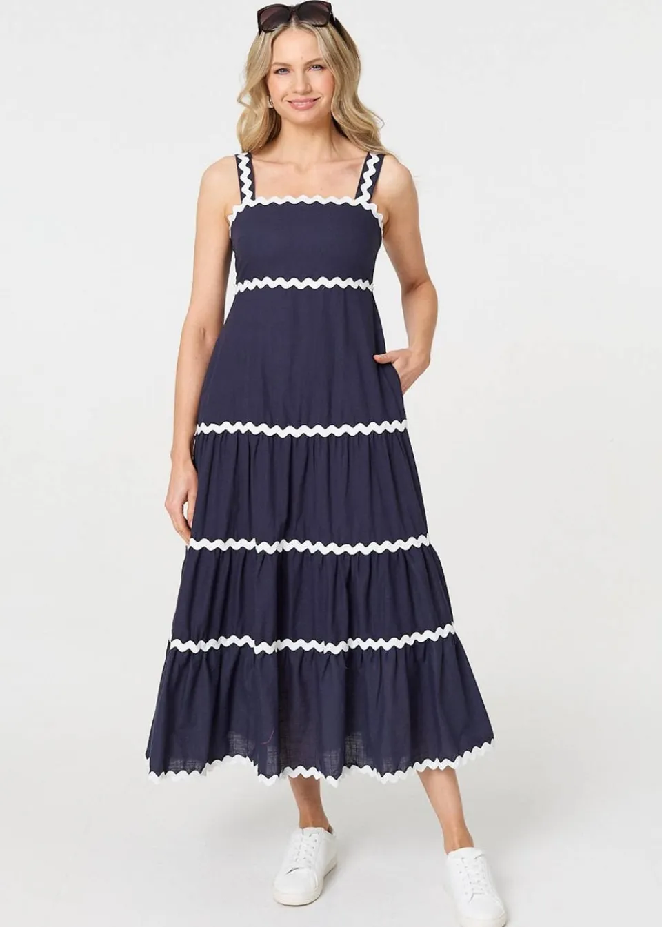 Dresses>Izabel London Navy Zig Zag Trim Sleeveless Tiered Midi Dress