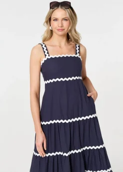 Dresses>Izabel London Navy Zig Zag Trim Sleeveless Tiered Midi Dress