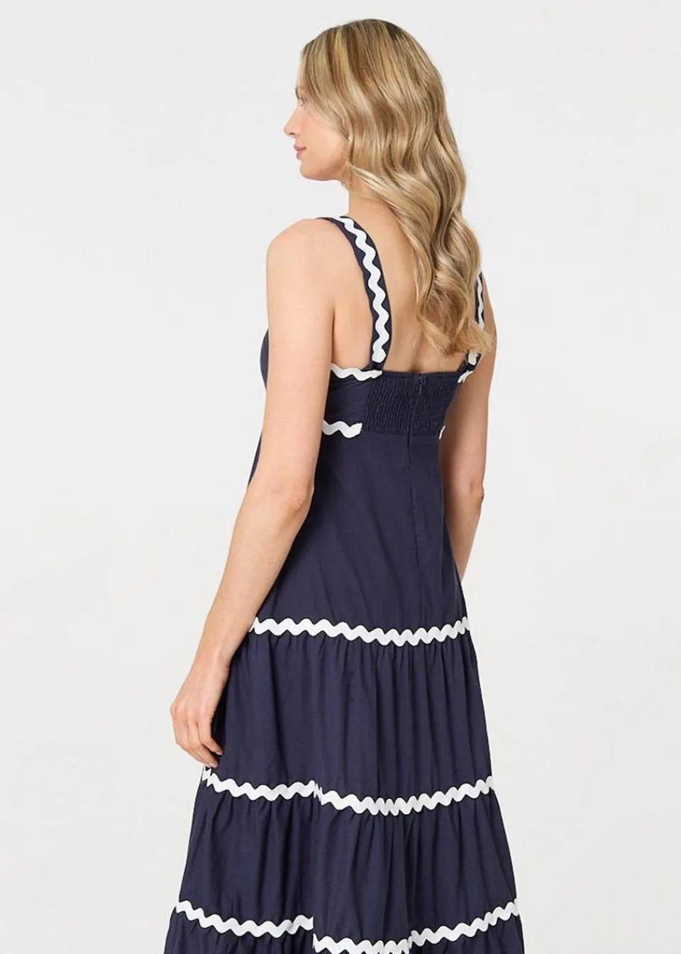 Dresses>Izabel London Navy Zig Zag Trim Sleeveless Tiered Midi Dress