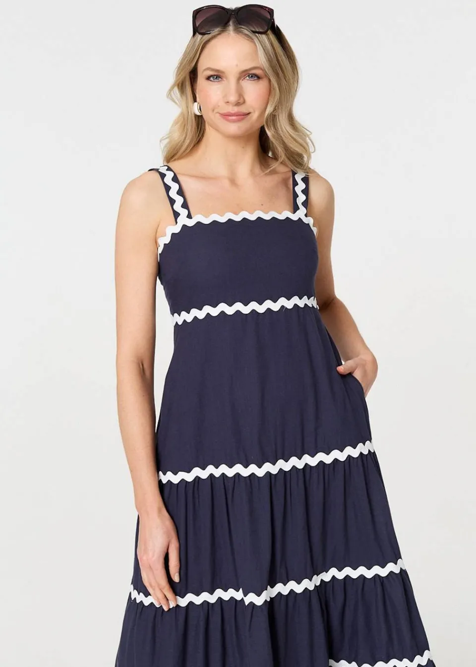 Dresses>Izabel London Navy Zig Zag Trim Sleeveless Tiered Midi Dress