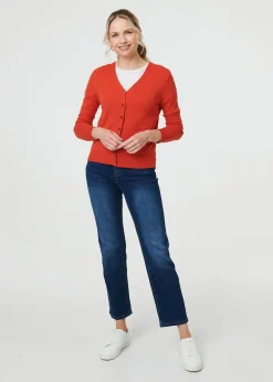 Tops>Izabel London Orange Cropped Button Up Slim Knit Cardigan