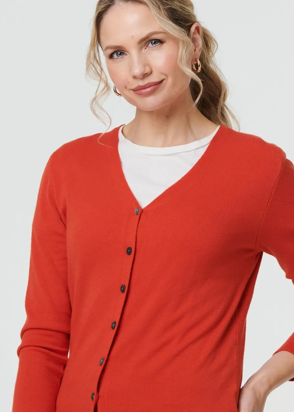 Tops>Izabel London Orange Cropped Button Up Slim Knit Cardigan
