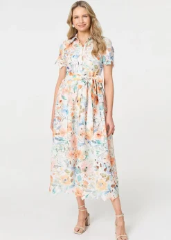 Dresses>Izabel London Orange Floral Cut Out Tie Waist Midi Shirt Dress