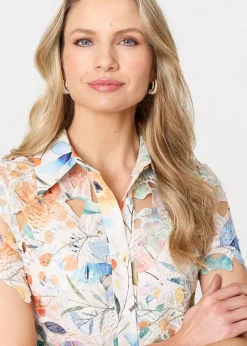 Dresses>Izabel London Orange Floral Cut Out Tie Waist Midi Shirt Dress