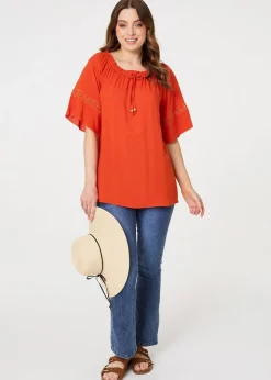 Tops>Izabel London Orange Lace Trim Bardot Tie Neck 1/2 Sleeve Blouse