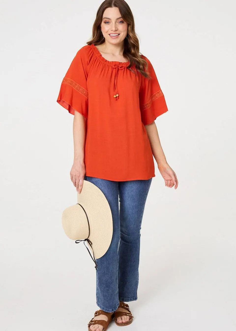 Tops>Izabel London Orange Lace Trim Bardot Tie Neck 1/2 Sleeve Blouse