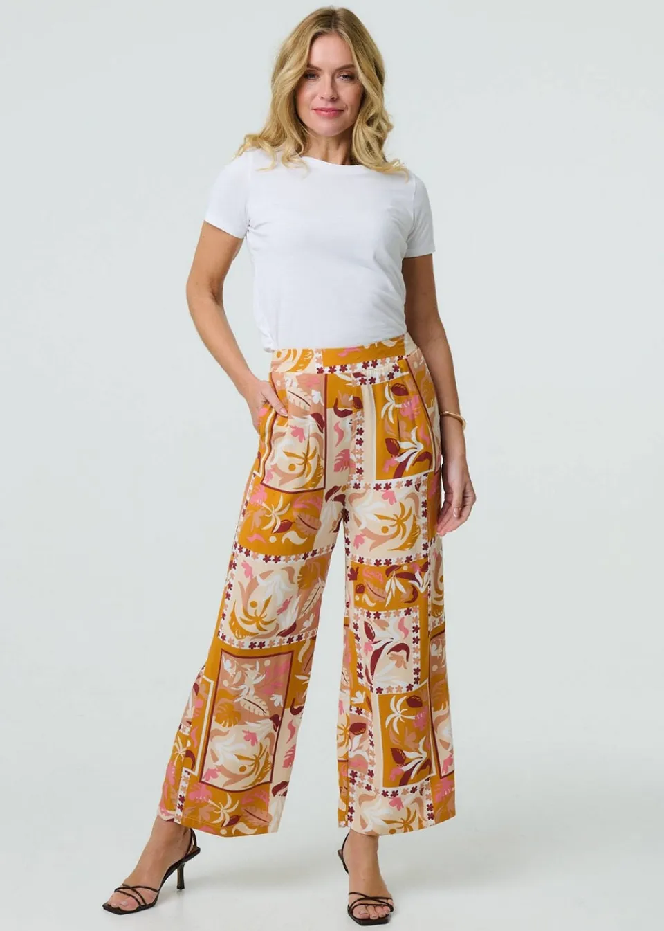 Trousers>Izabel London Orange Patchwork Print High Waist Wide Leg Trousers
