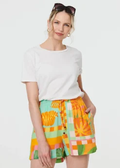 Shorts>Izabel London Orange Patchwork Print Tie Waist Relaxed Shorts