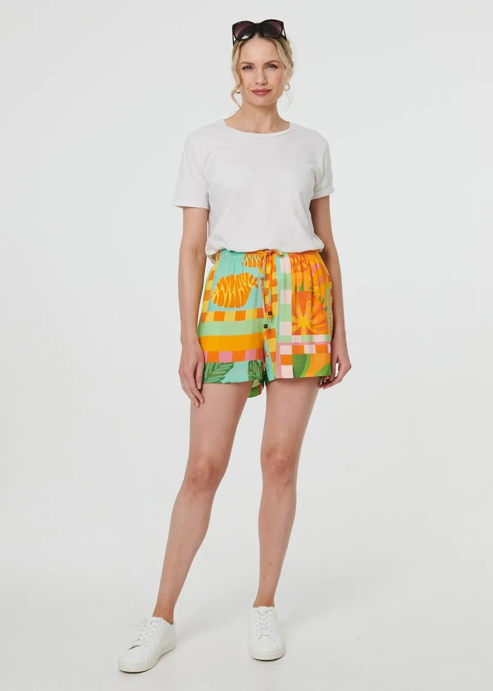 Shorts>Izabel London Orange Patchwork Print Tie Waist Relaxed Shorts