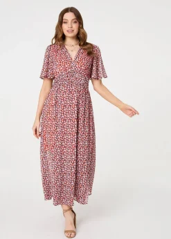 Dresses>Izabel London Orange Printed 1/2 Sleeve Ruched Midi Dress