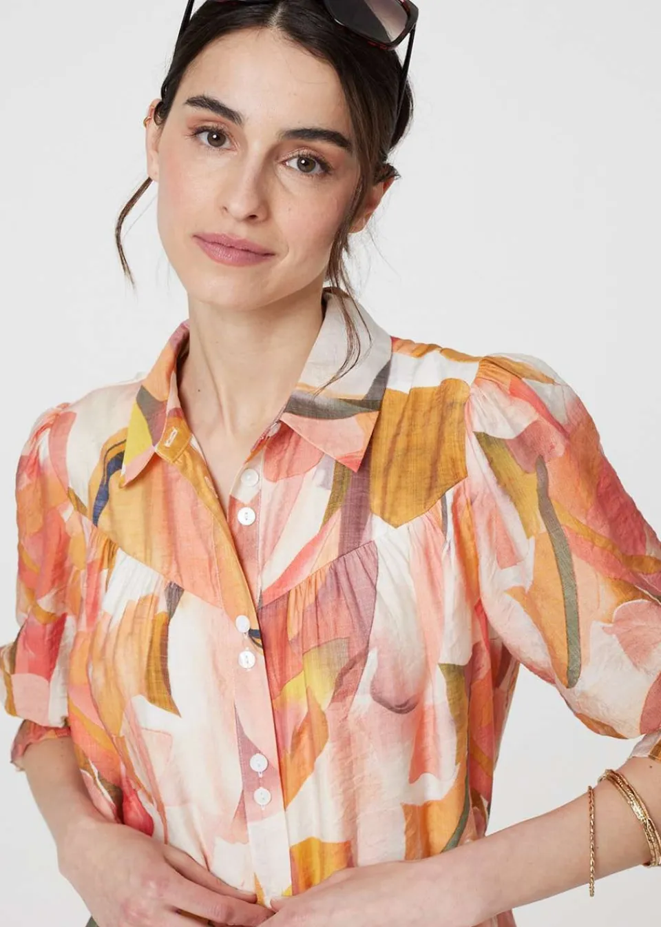 Dresses>Izabel London Orange Printed 3/4 Puff Sleeve Shirt Dress