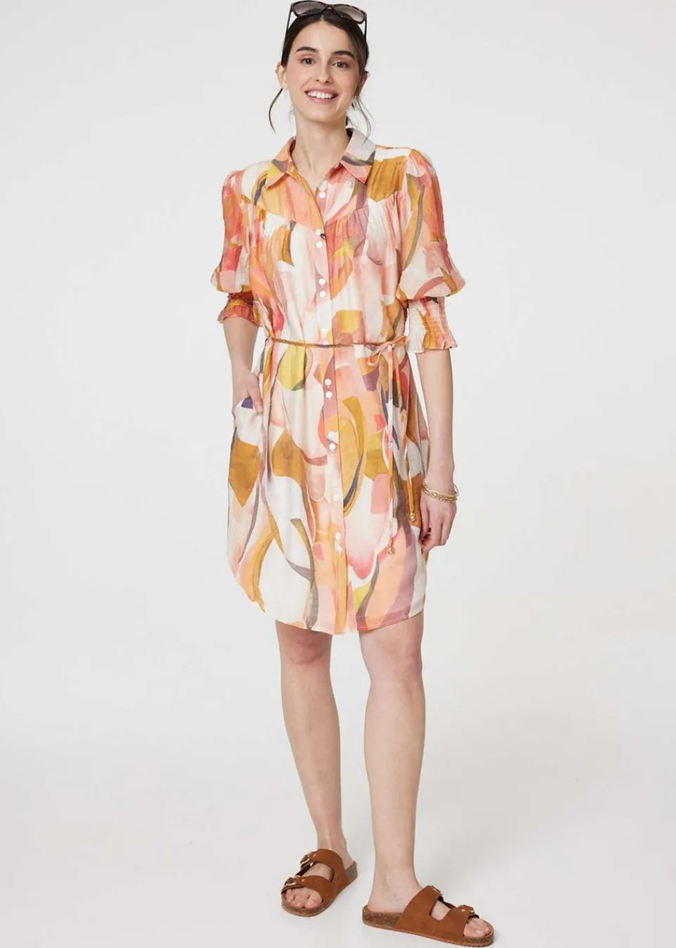 Dresses>Izabel London Orange Printed 3/4 Puff Sleeve Shirt Dress