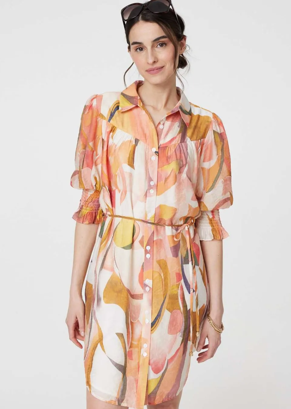 Dresses>Izabel London Orange Printed 3/4 Puff Sleeve Shirt Dress
