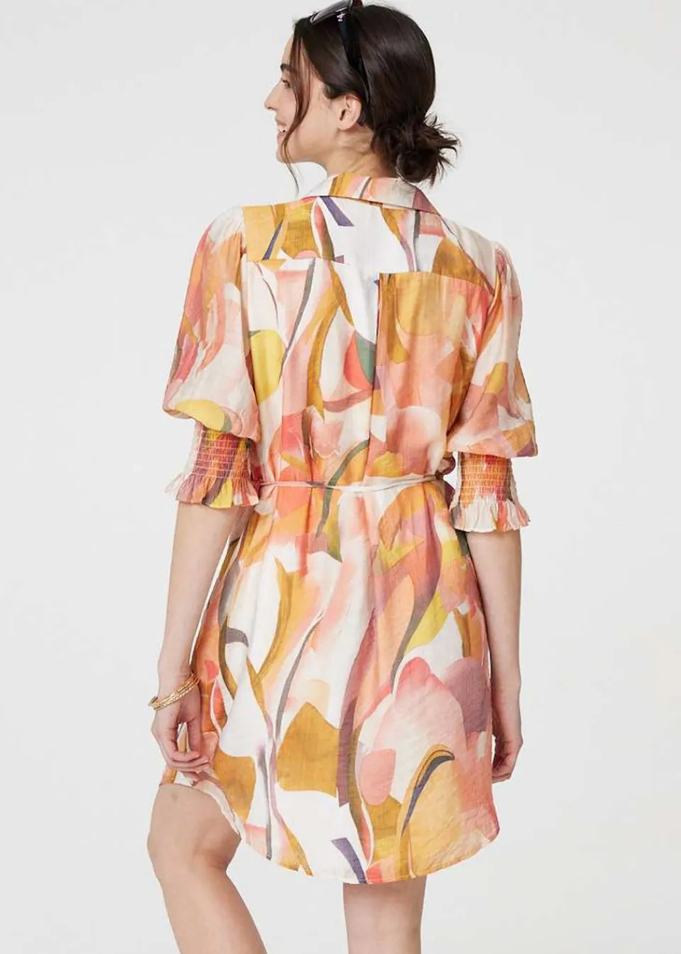 Dresses>Izabel London Orange Printed 3/4 Puff Sleeve Shirt Dress