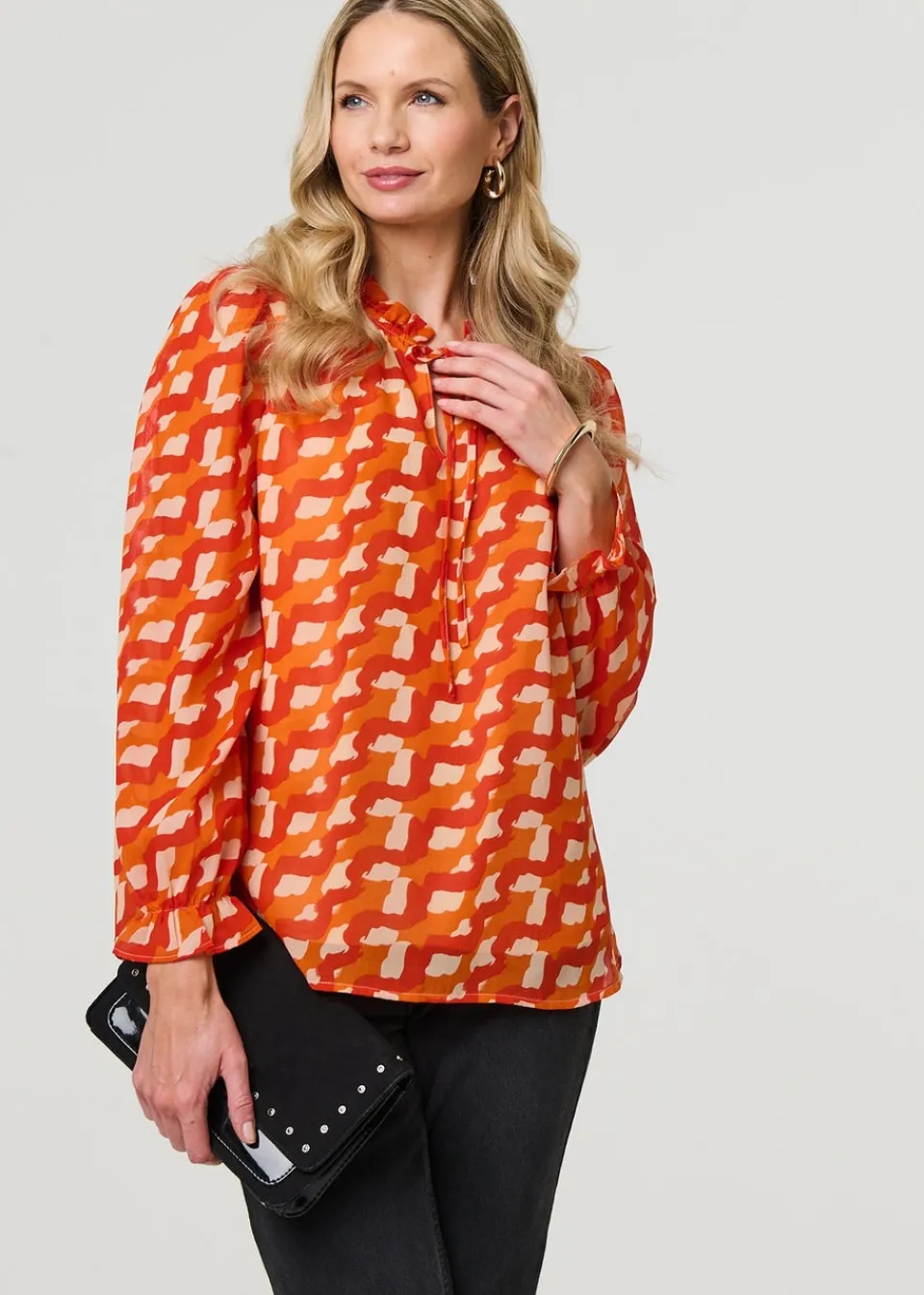 Tops>Izabel London Orange Printed Tie Neck Long Sleeve Blouse