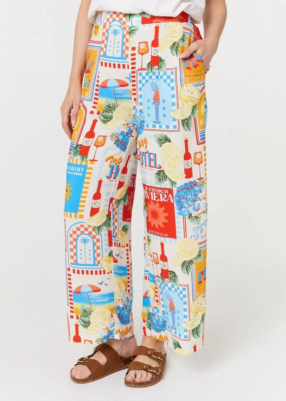Trousers>Izabel London Orange Riviera Print Wide Leg Trousers