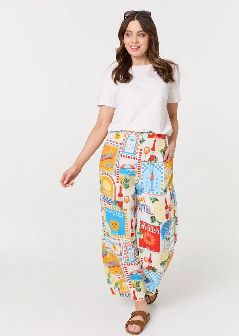 Trousers>Izabel London Orange Riviera Print Wide Leg Trousers