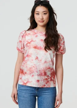 T-Shirts>Izabel London Orange Tie Dye Cut Out Texture Short Sleeve Top